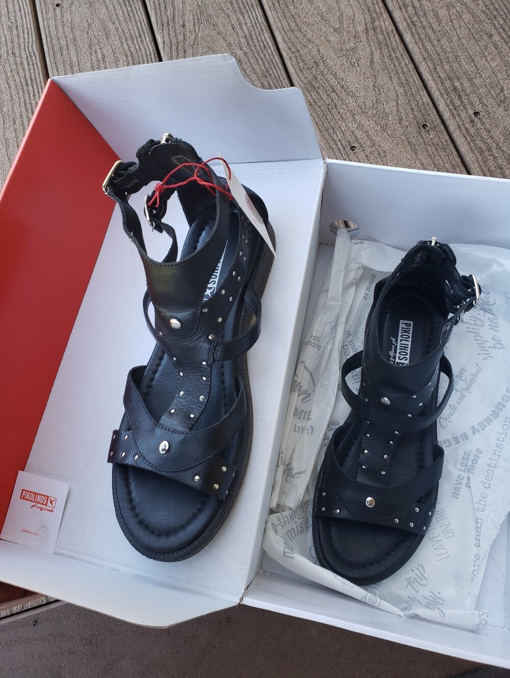 NEW /~10US/ PIKOLINOS Black Leather Silver Studded Sandals with Back Zip+Buckles - Picture 2 of 11